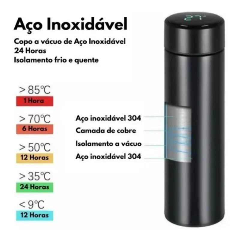 Garrafa Térmica Inteligente 500ml Sensor De Temperatura Digital Led Café Água Quente Gelada Academia